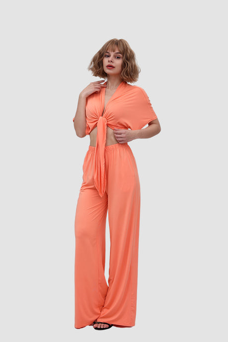 Deep V-neck Top & Elastic Wide Leg Pants