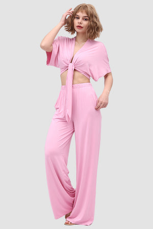 Deep V-neck Top & Elastic Wide Leg Pants