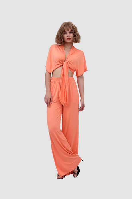 Deep V-neck Top & Elastic Wide Leg Pants