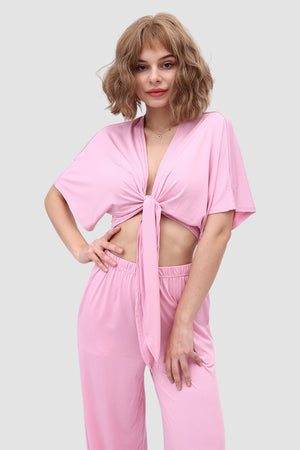 Deep V-neck Top & Elastic Wide Leg Pants