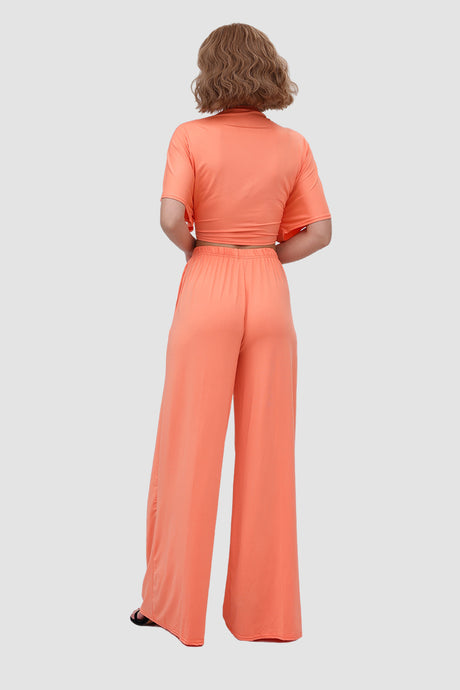 Deep V-neck Top & Elastic Wide Leg Pants