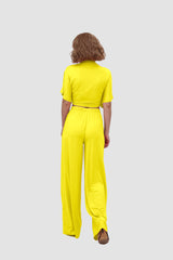 Deep V-neck Top & Elastic Wide Leg Pants
