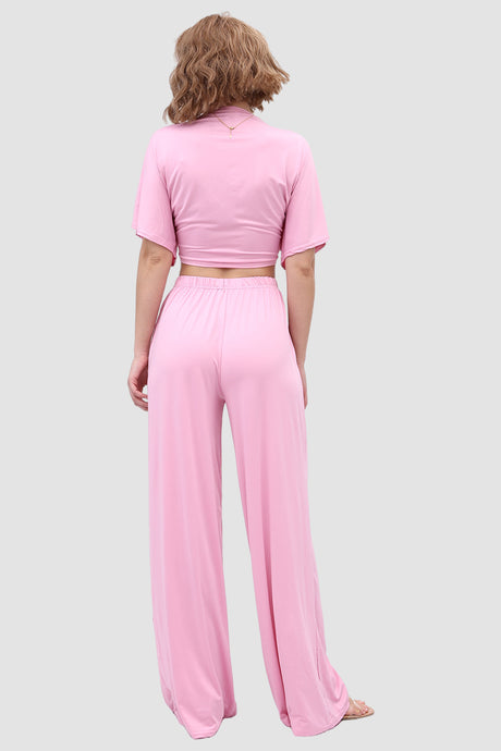 Deep V-neck Top & Elastic Wide Leg Pants