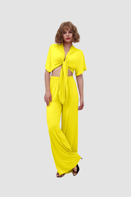 Deep V-neck Top & Elastic Wide Leg Pants