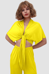Deep V-neck Top & Elastic Wide Leg Pants