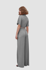 Deep V-neck Top & Elastic Wide Leg Pants