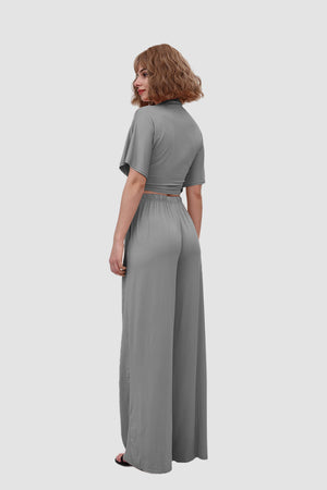 Deep V-neck Top & Elastic Wide Leg Pants
