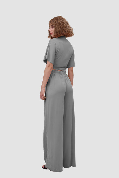 Deep V-neck Top & Elastic Wide Leg Pants