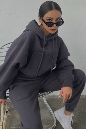 Drawstring Hoodie Crop Top & Jogger Pants