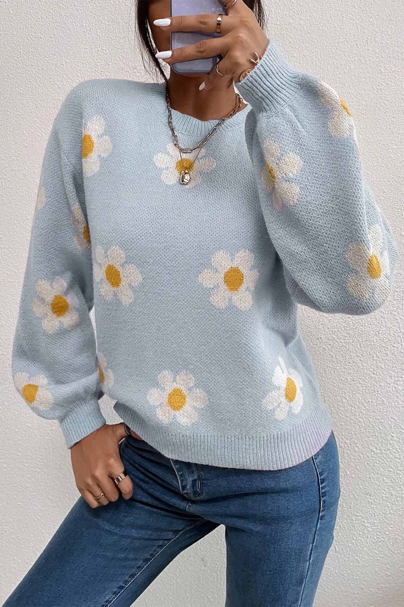 Floral Embroidery Detail Crew Neck Sweater