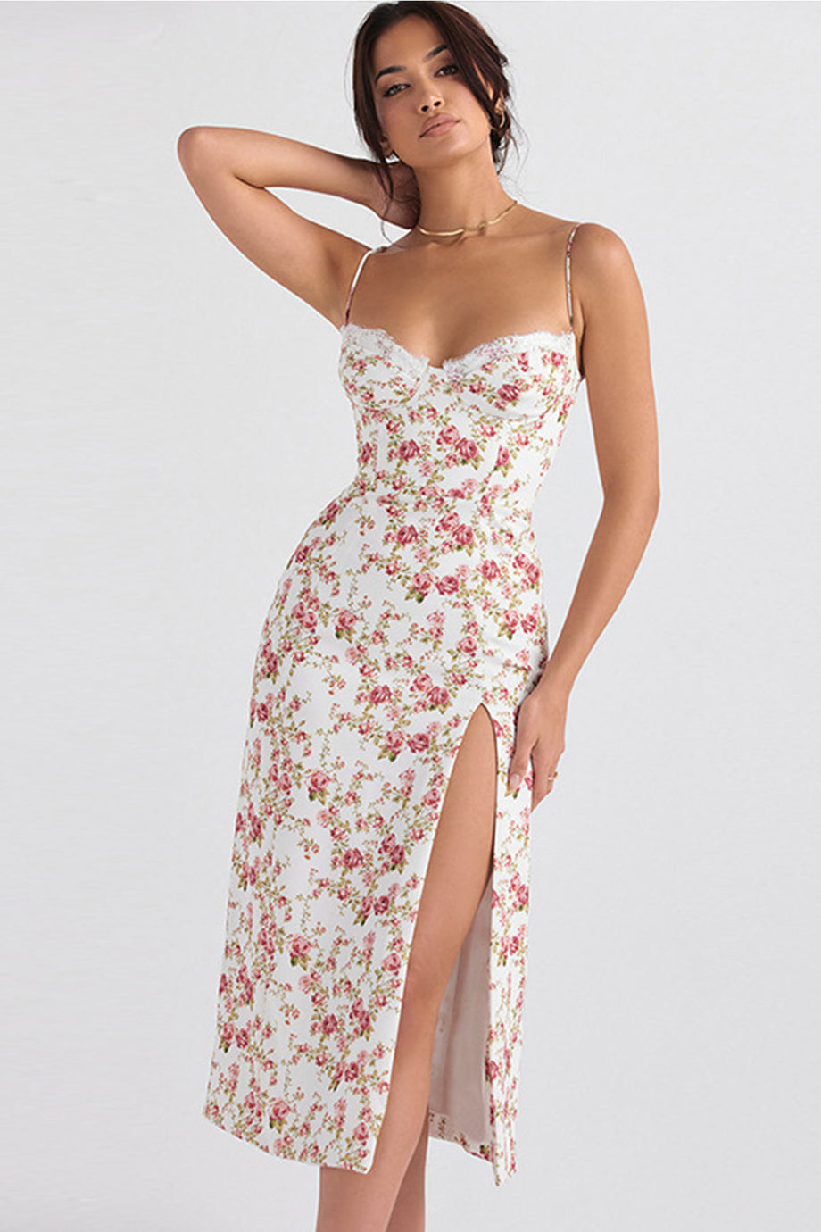 Floral Print Lace Split Cami Dress – AROLORA