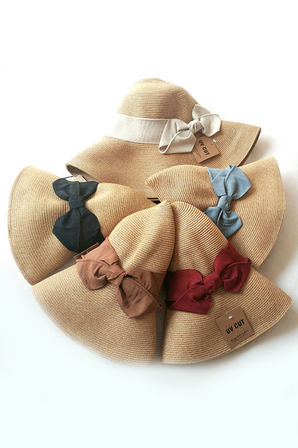 Foldable Wide Brim Bow Ties Straw Hat