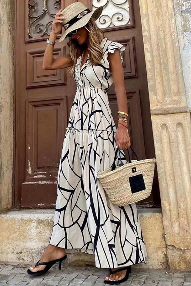 Geometric Print V Neck Ruffle Maxi Dress AROLORA