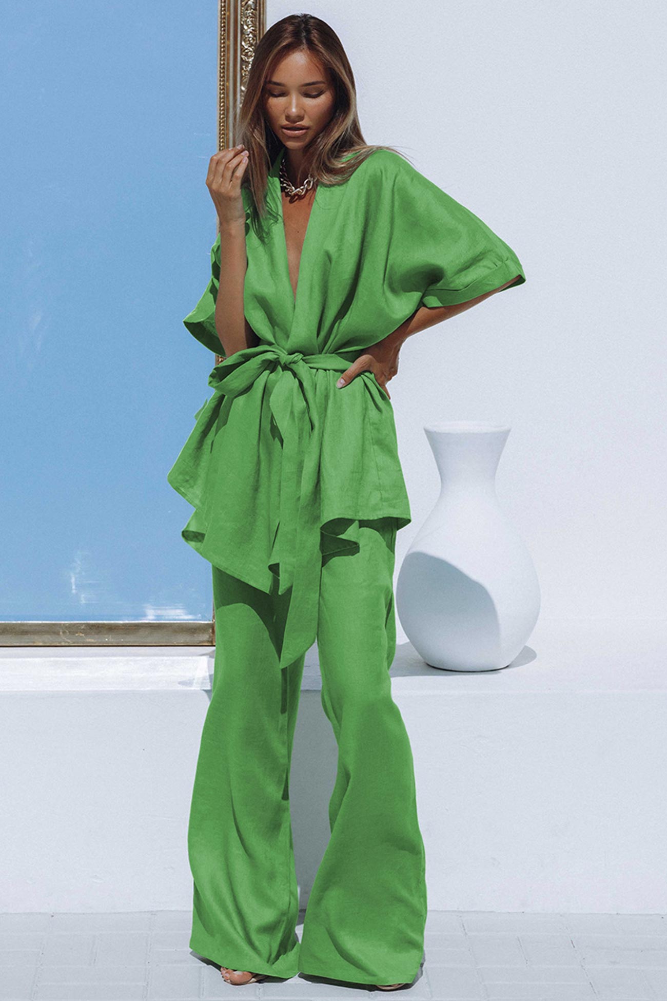 Green V Neck Strappy Tops Wide Leg Long Pants Suit – AROLORA