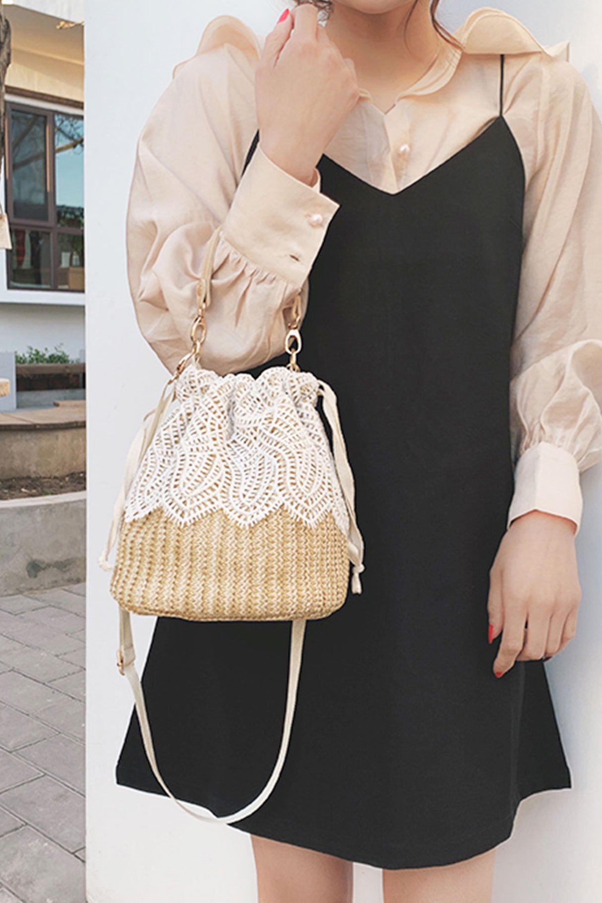 Handmade Straw Lace Bucket Bag