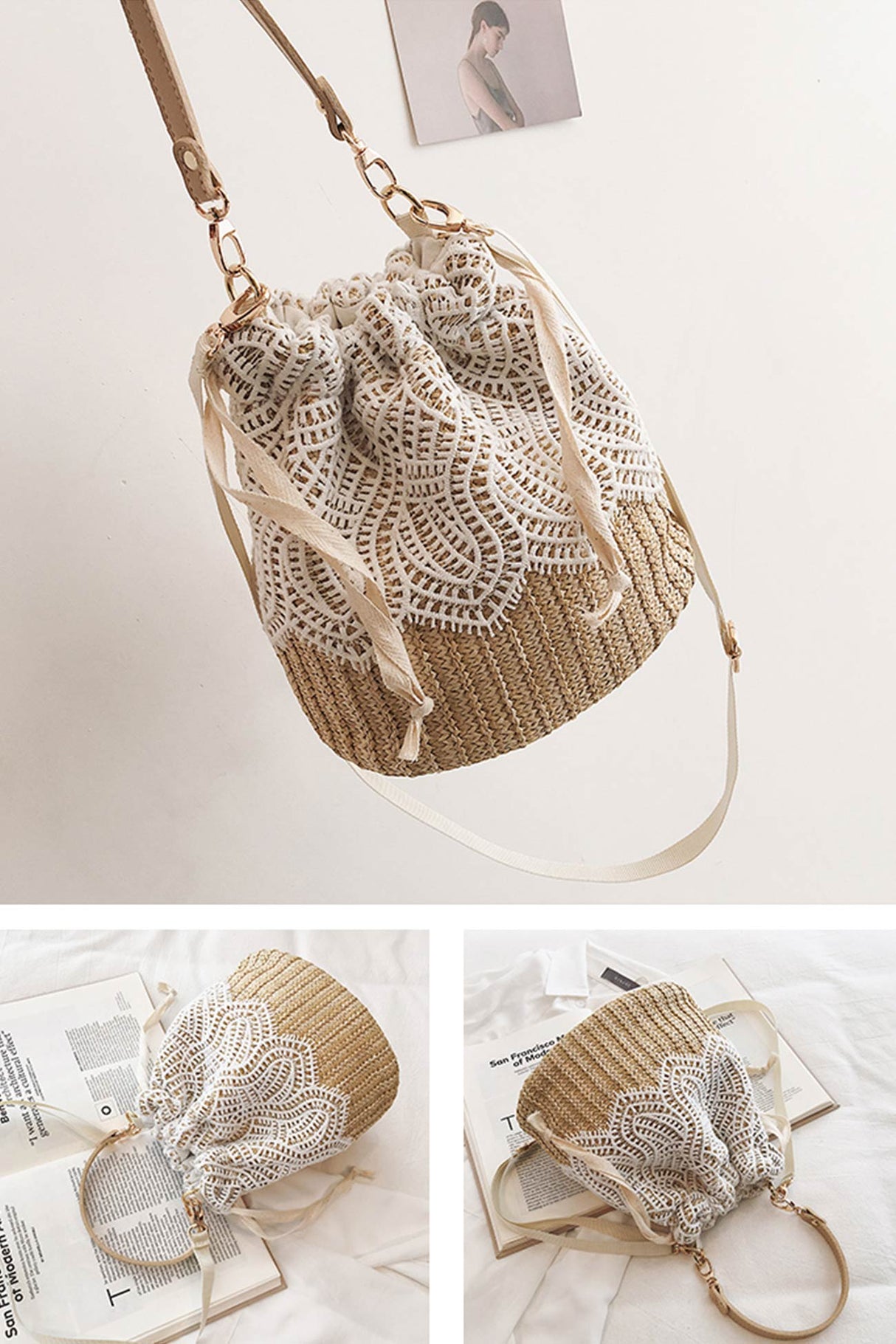 Handmade Straw Lace Bucket Bag