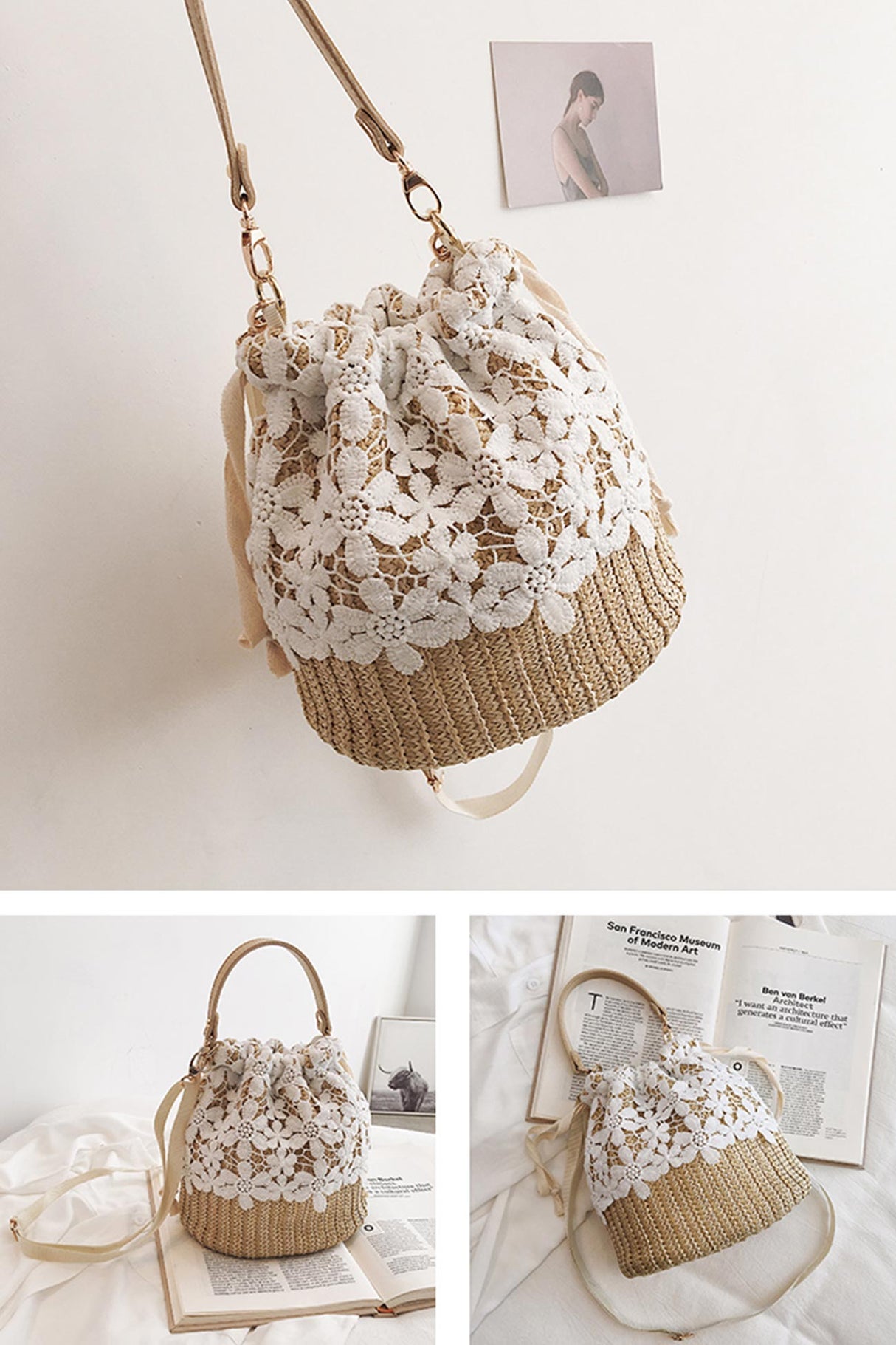 Handmade Straw Lace Bucket Bag