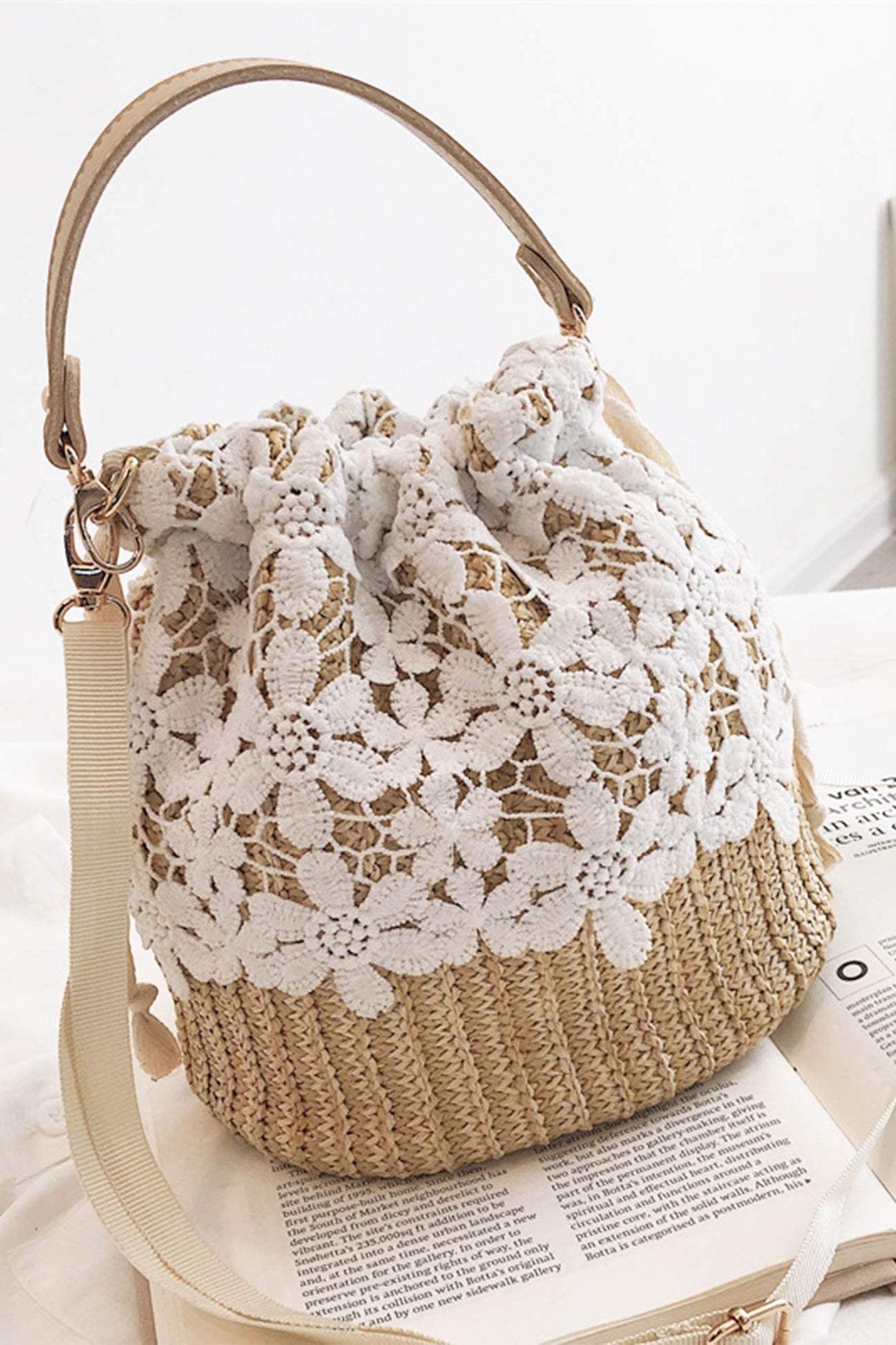 Handmade Straw Lace Bucket Bag