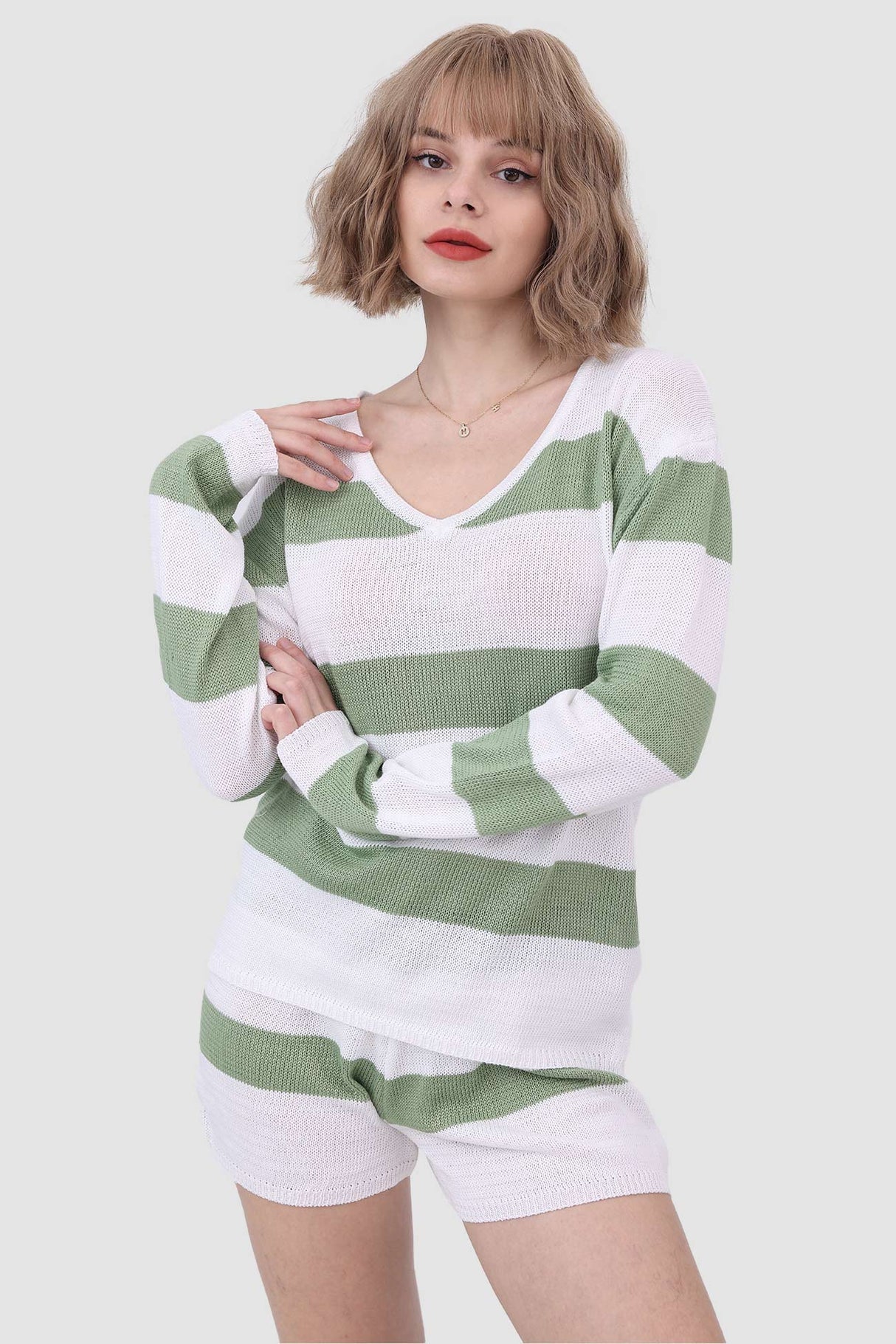 Knitted Stripe Casual Two Piece Set