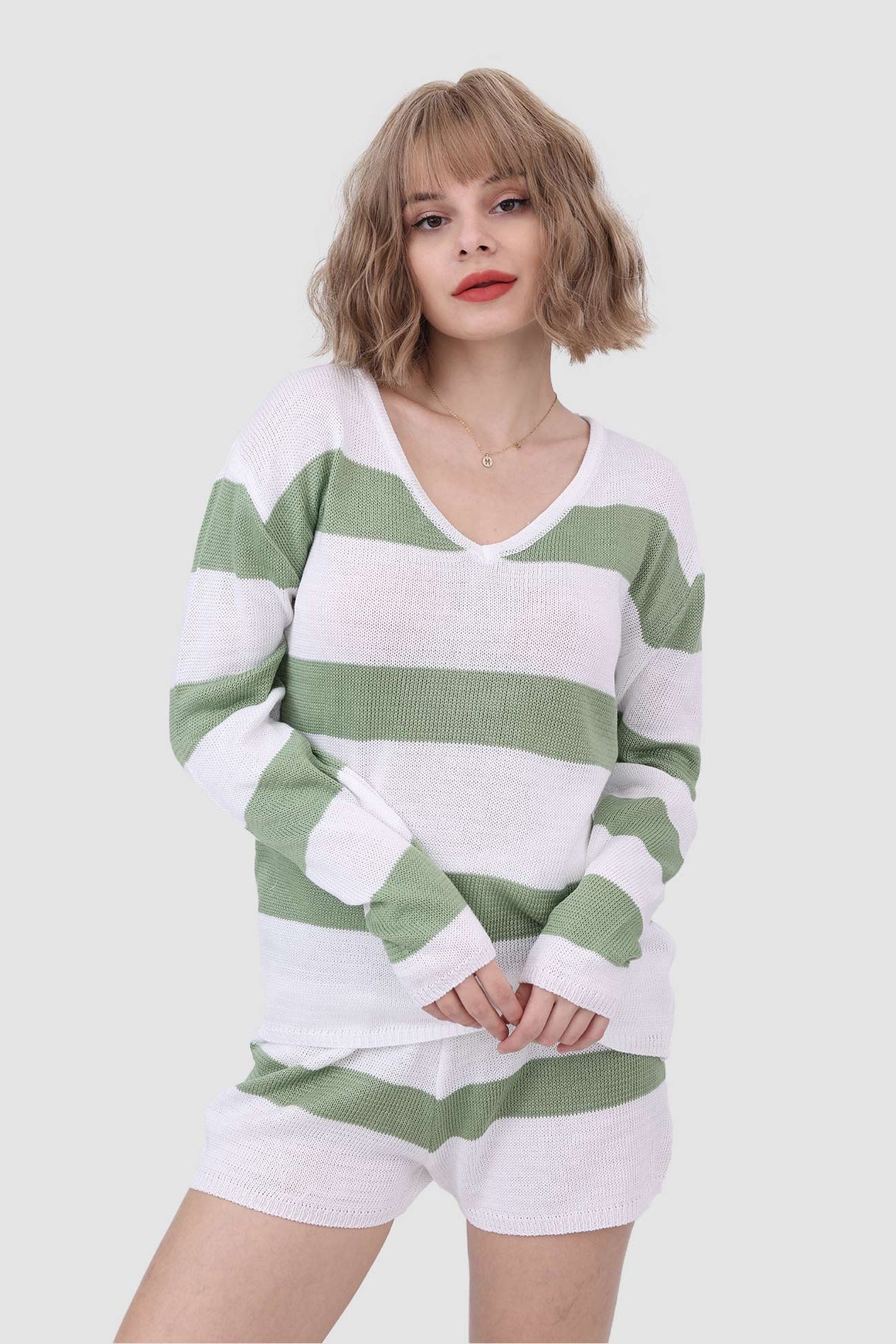 Knitted Stripe Casual Two Piece Set
