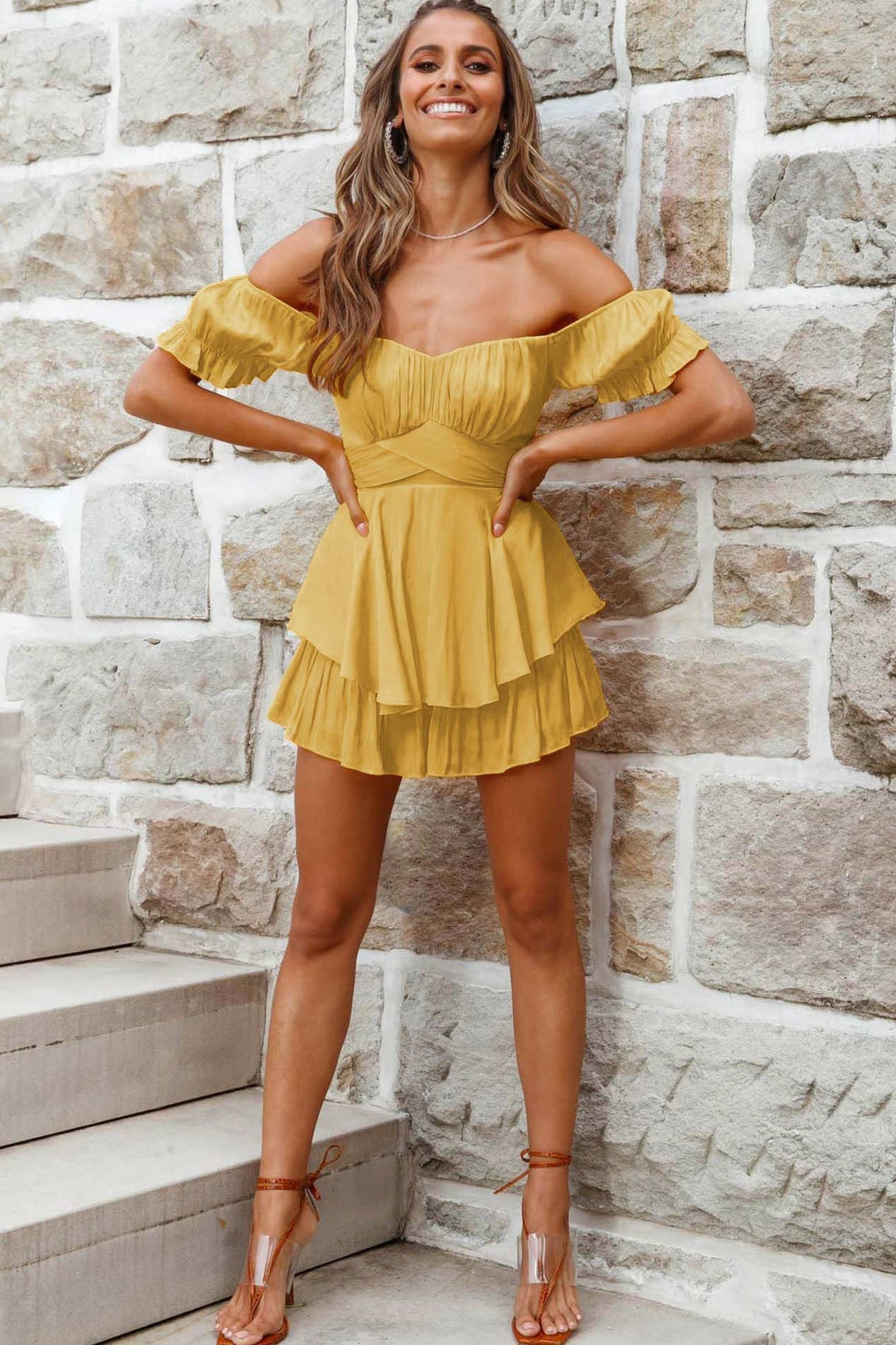 Off Shoulder Tie Back Ruffled Skirt Pants