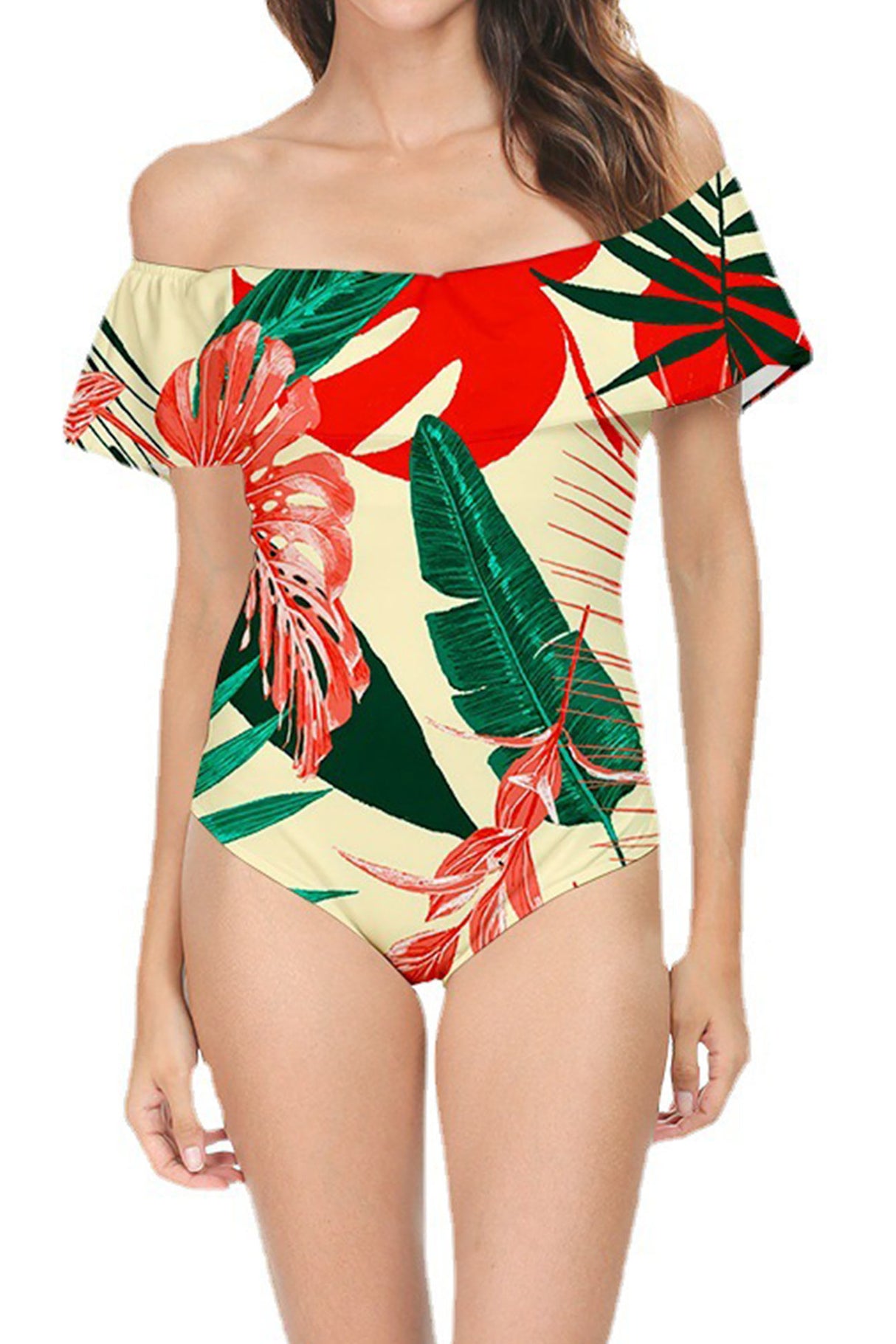 Off-Shoulder Tropical Print One Piece Swimsuit