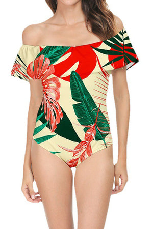 Off-Shoulder Tropical Print One Piece Swimsuit