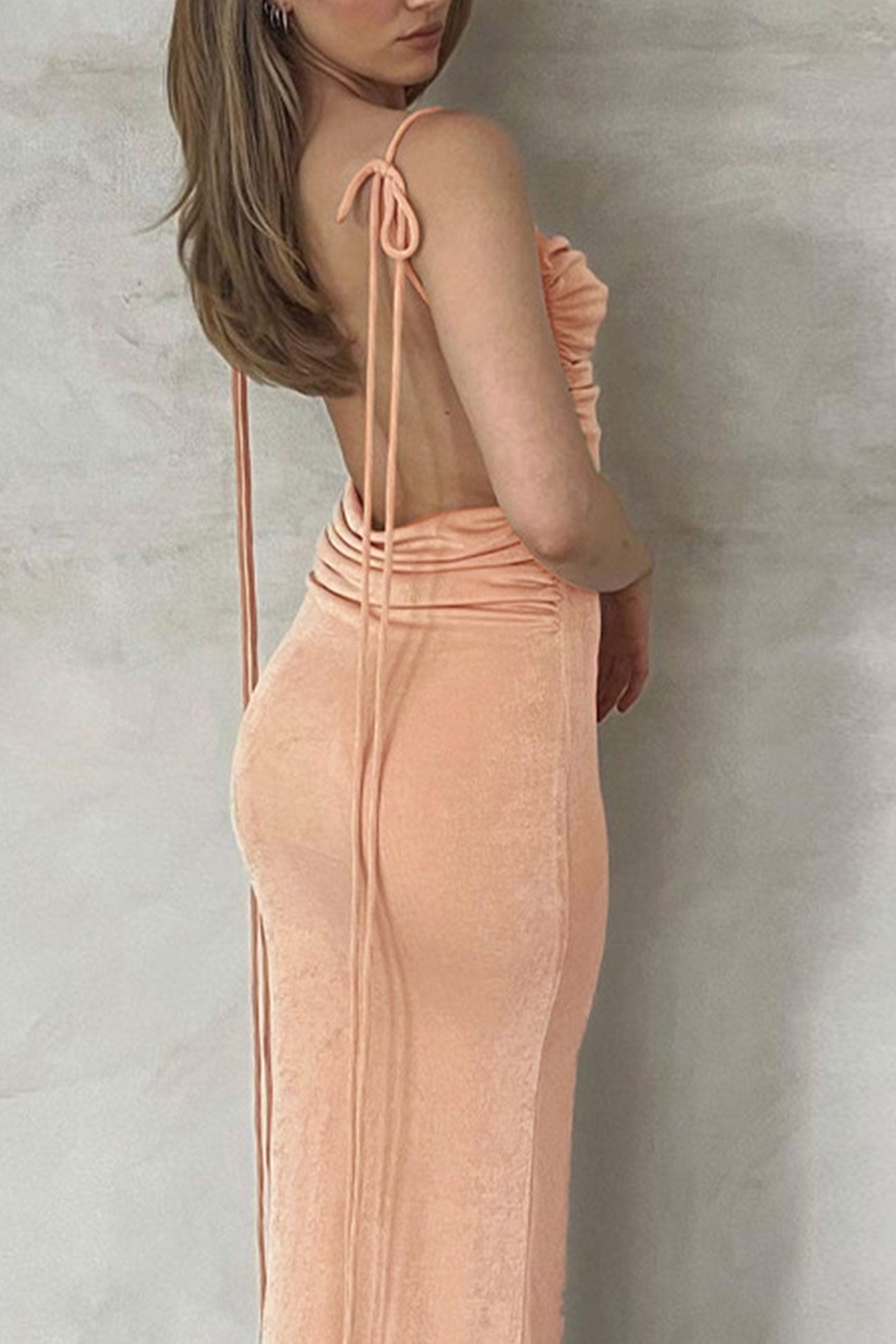 Ruched Strappy Backless Maxi Dress – AROLORA