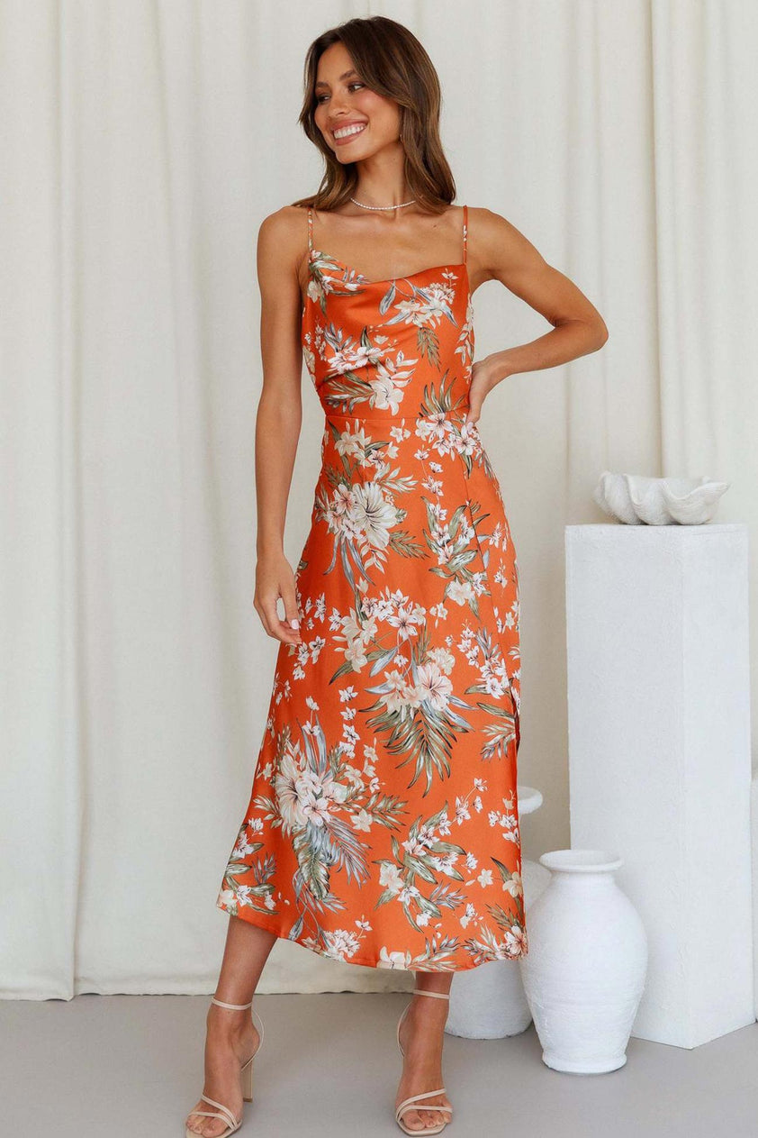 Satin Cowl Neck Floral Print Slit Cami Dress – AROLORA