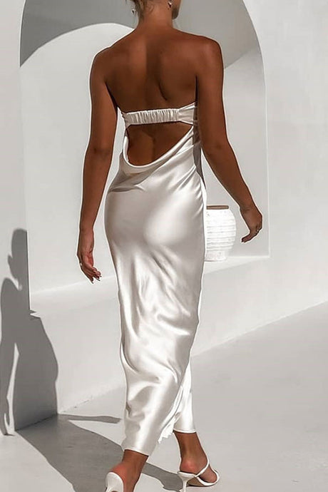Satin Solid Color Strapless Midi Dress