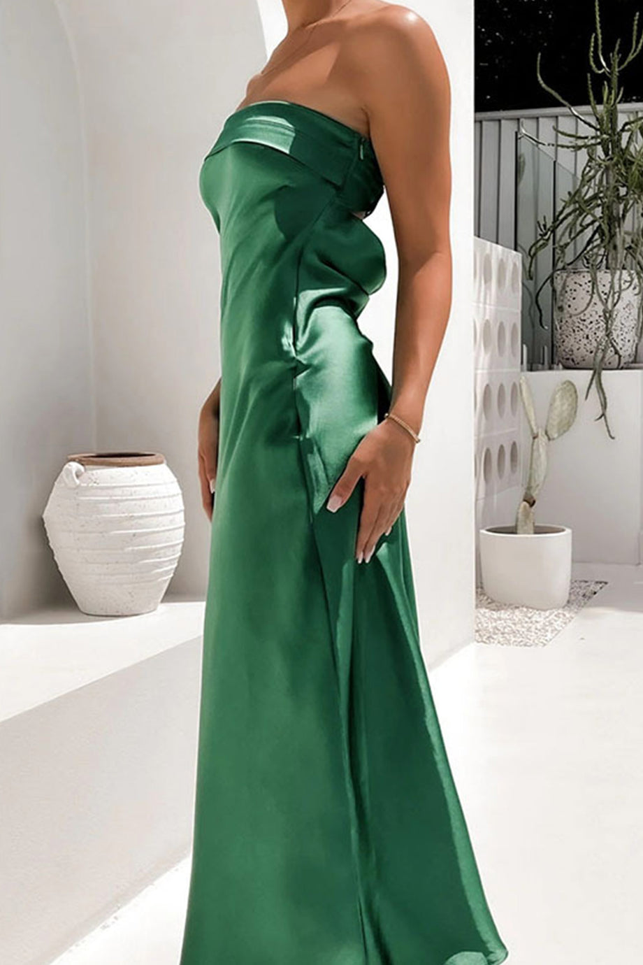 Satin Solid Color Strapless Midi Dress – AROLORA