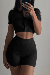 Short Sleeve Ribbed Knit  Cardigan  Bodycon Shorts Set