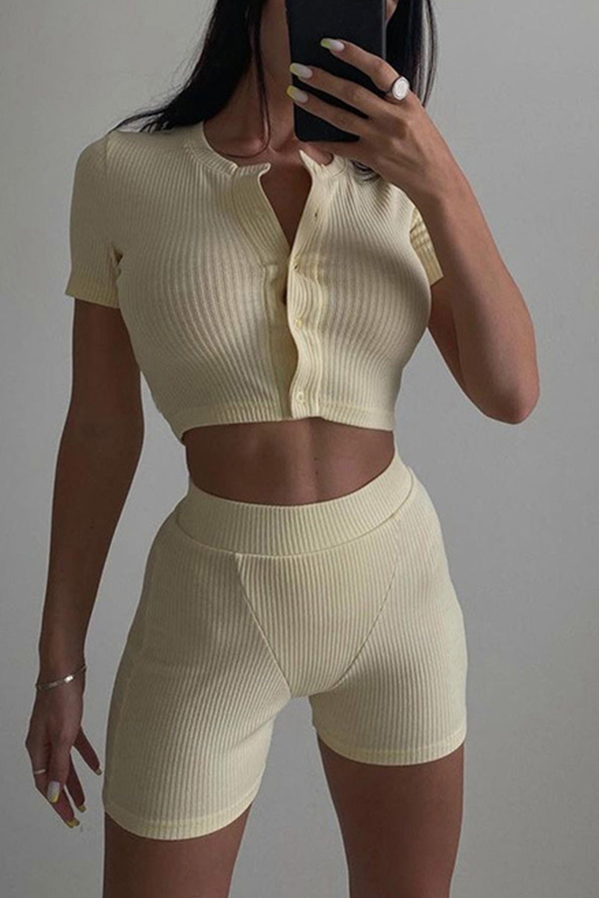 Short Sleeve Ribbed Knit  Cardigan  Bodycon Shorts Set