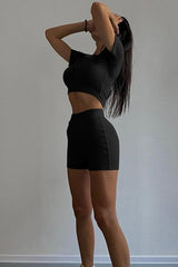 Short Sleeve Ribbed Knit  Cardigan  Bodycon Shorts Set