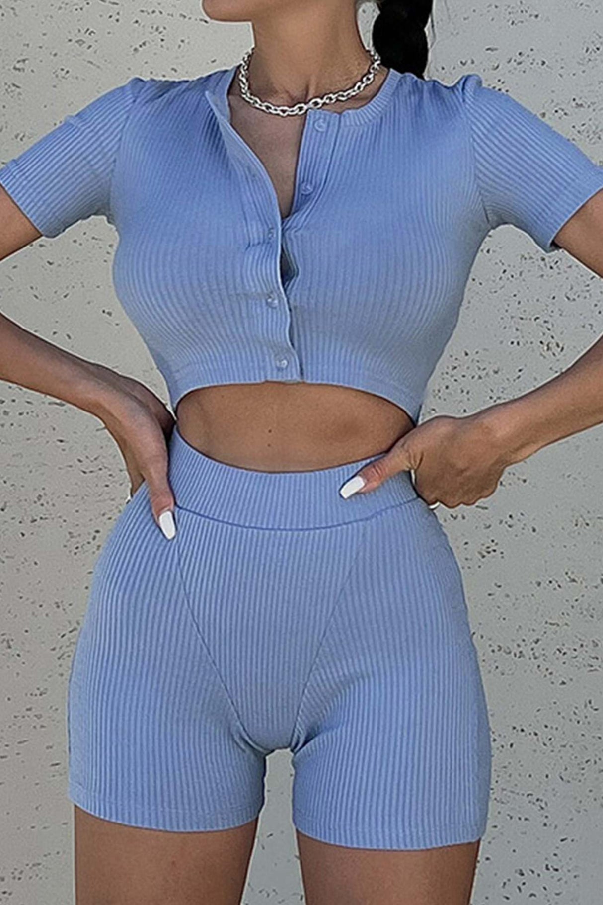 Short Sleeve Ribbed Knit  Cardigan  Bodycon Shorts Set