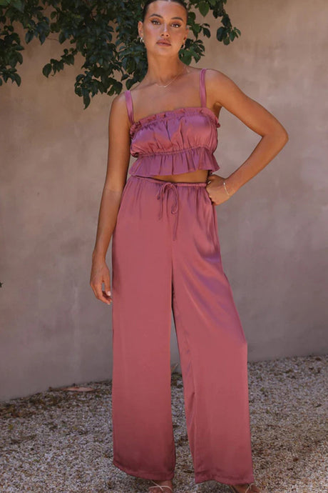 Smocked Ruffle Cami Crop Top Wide Leg Long Pants Set
