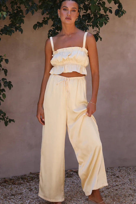 Smocked Ruffle Cami Crop Top Wide Leg Long Pants Set