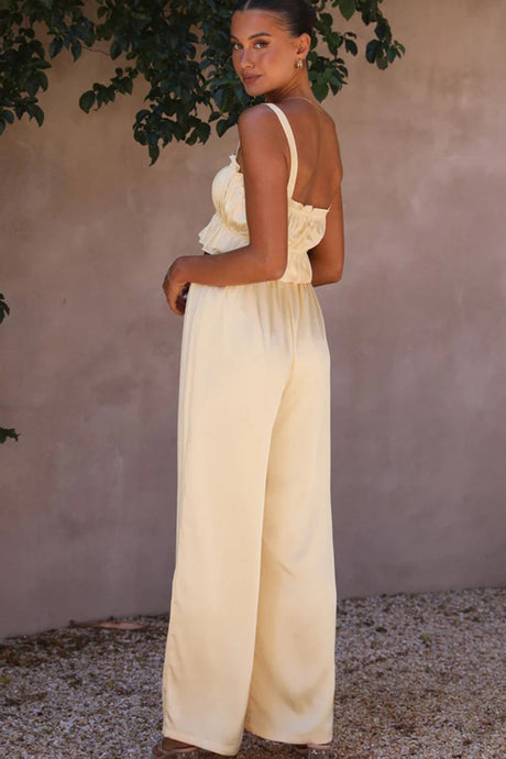 Smocked Ruffle Cami Crop Top Wide Leg Long Pants Set