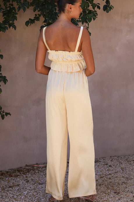Smocked Ruffle Cami Crop Top Wide Leg Long Pants Set