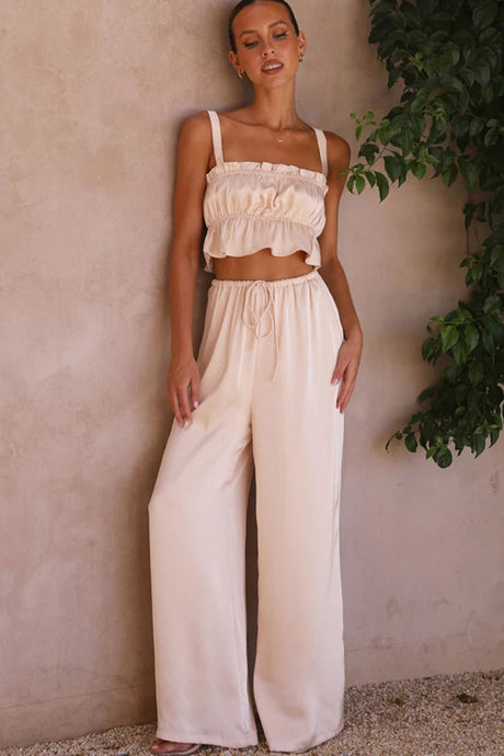 Smocked Ruffle Cami Crop Top Wide Leg Long Pants Set