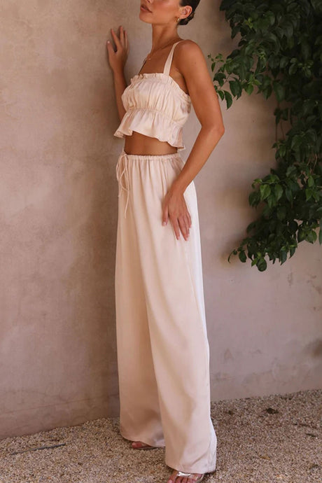 Smocked Ruffle Cami Crop Top Wide Leg Long Pants Set