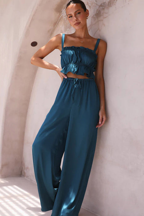 Smocked Ruffle Cami Crop Top Wide Leg Long Pants Set
