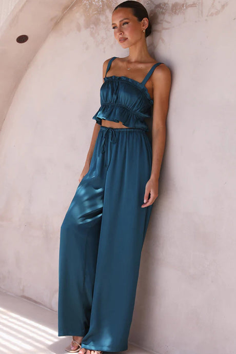 Smocked Ruffle Cami Crop Top Wide Leg Long Pants Set