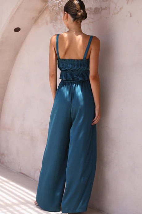 Smocked Ruffle Cami Crop Top Wide Leg Long Pants Set