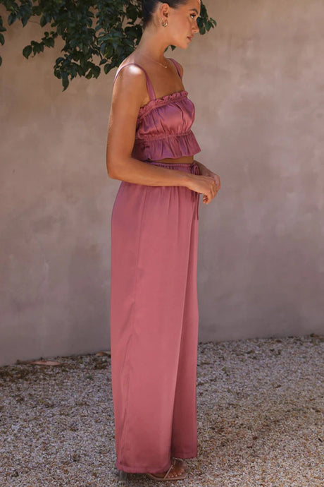 Smocked Ruffle Cami Crop Top Wide Leg Long Pants Set