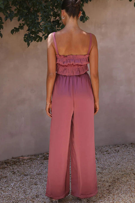 Smocked Ruffle Cami Crop Top Wide Leg Long Pants Set