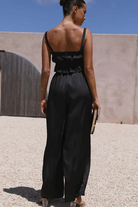 Smocked Ruffle Cami Crop Top Wide Leg Long Pants Set