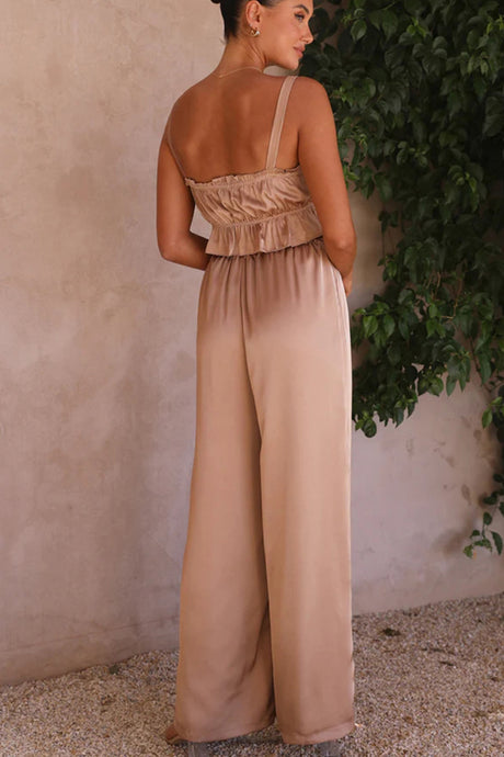 Smocked Ruffle Cami Crop Top Wide Leg Long Pants Set