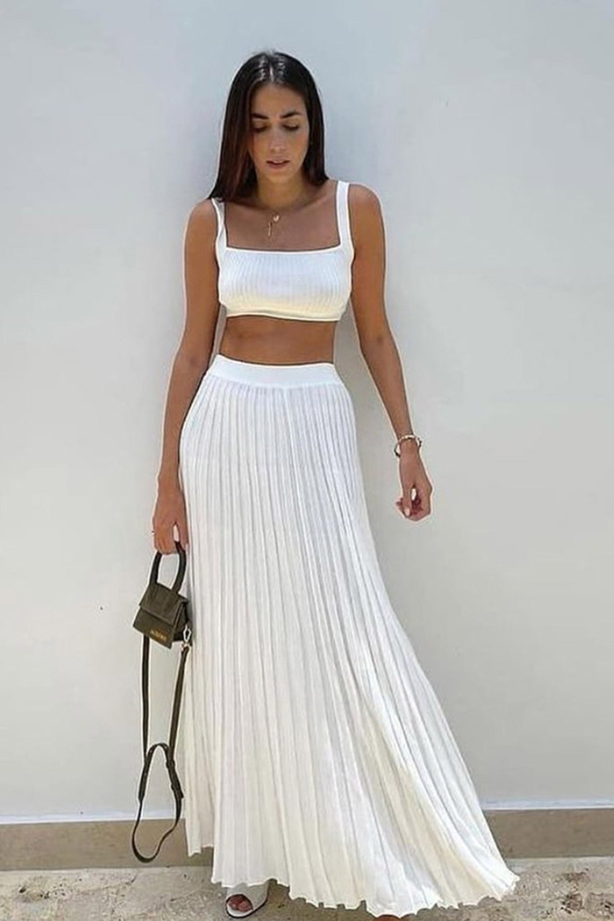 Solid Color Knit Vest Pleated Skirt Suits
