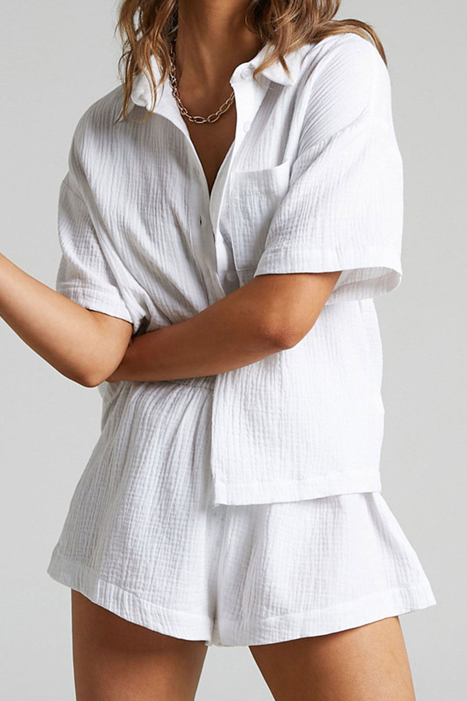 Solid Color Short Sleeve Shirt Cotton Two-piece Shorts Set – AROLORA
